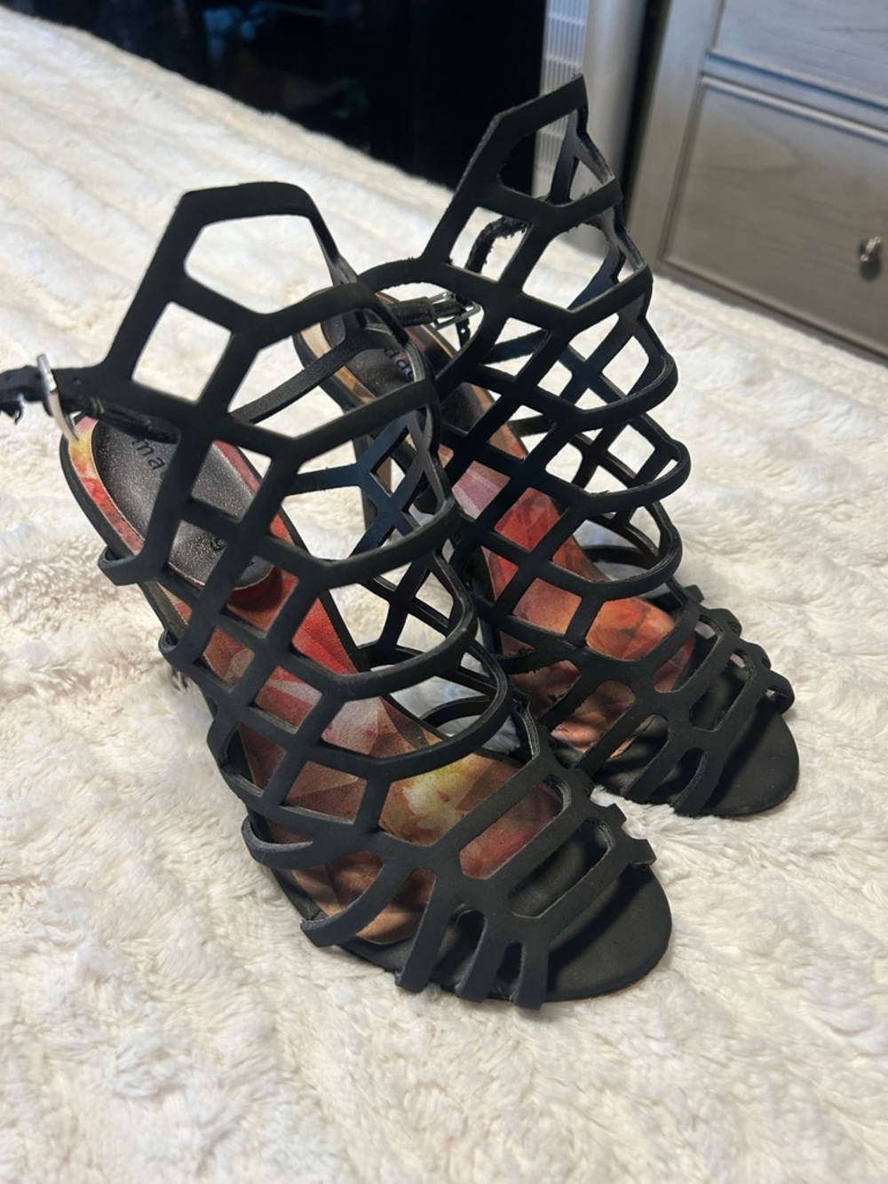 Madden Girl Black Cage Strappy High Heel Sandals 8.5